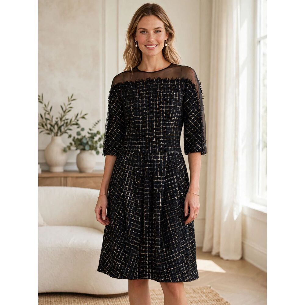 NWOT. Carolina Herrera Metallic Checkered Tweed Dress Size: 8